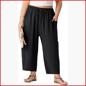 Plus Size Cropped Wide Leg Pants with Drawstring & Pockets Summer Casual